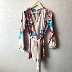 Bright Tropical Print Belted Long Sleeve Romper